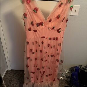 Pink Strawberry Embroidered Tulle Dress